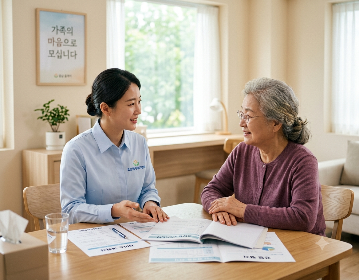 효담재가복지센터에서 전문 상담사가 어르신에게 서비스 계획서를 설명하는 모습